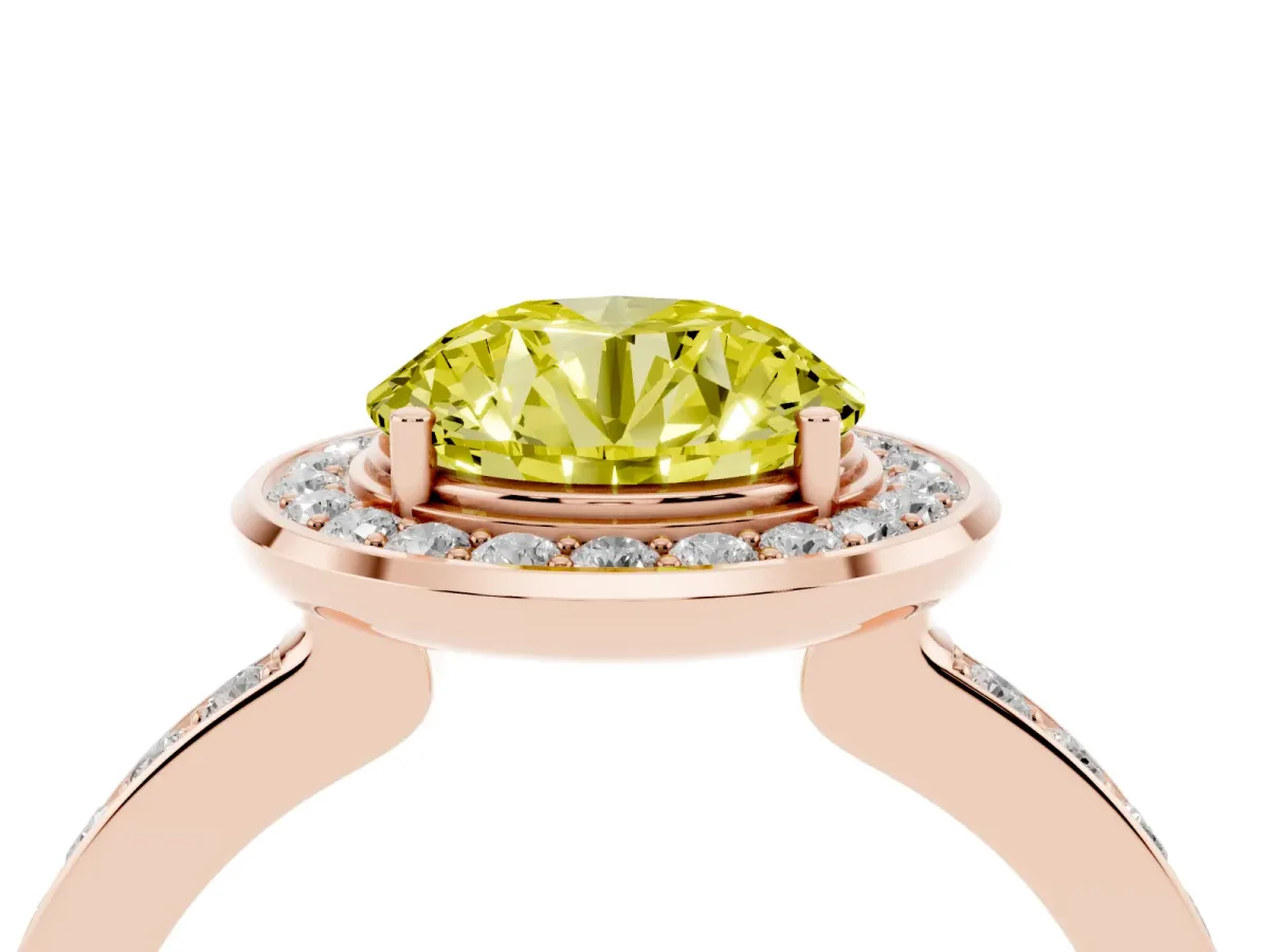 Fancy Yellow Round Cut Diamond Halo Ring with Bezel Frame and Pavé Band Rose gold