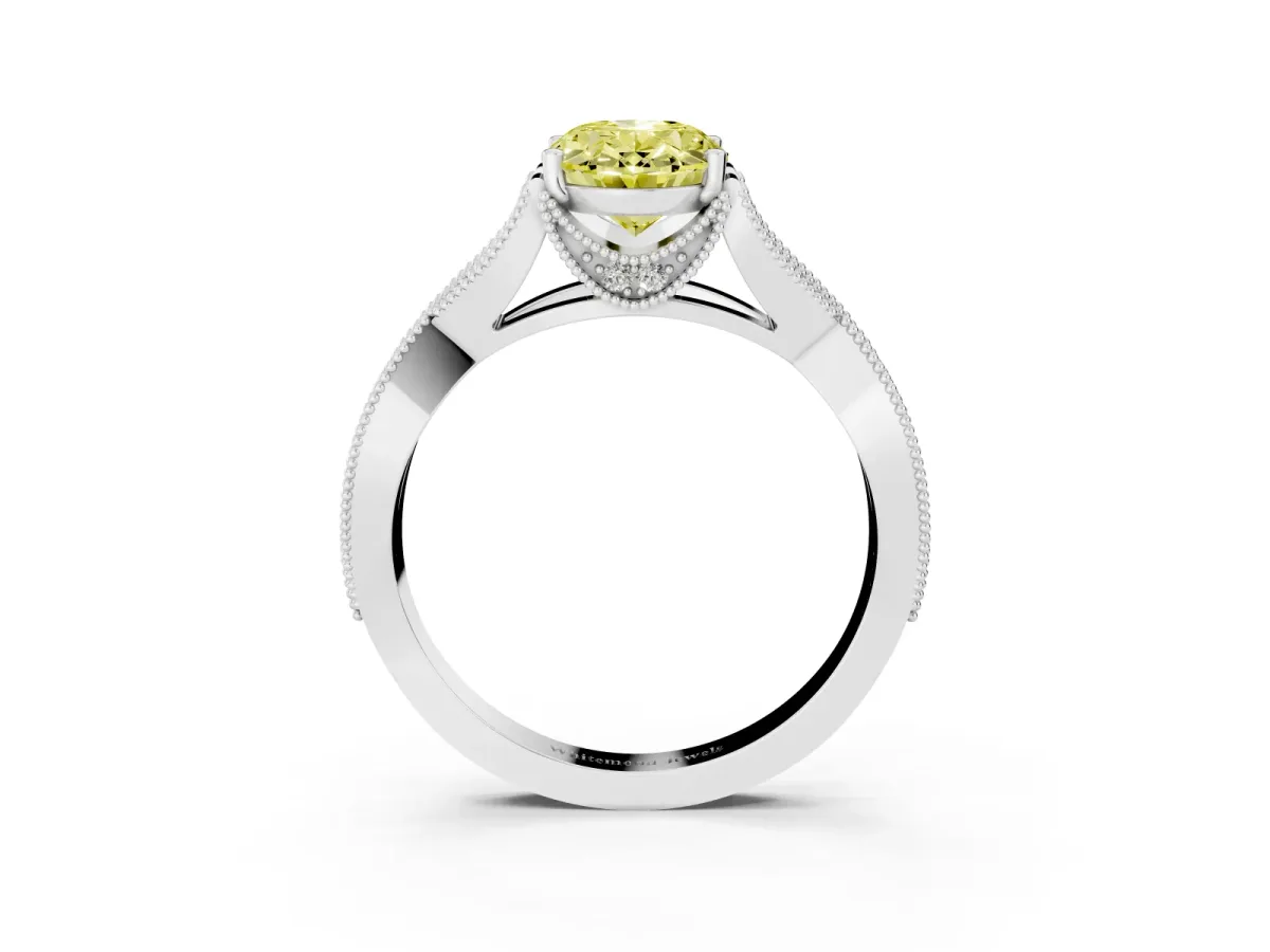 Fancy Yellow Oval Cut Cut Diamond Twisted Band with Milgrain Pave Setting and Four-Prong Setting Silver