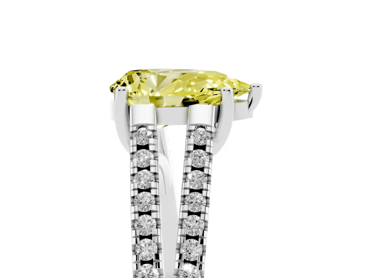 Fancy Yellow Pear Cut Diamond Solitaire Engagement Ring with Split Shank Pavé Band Platinum