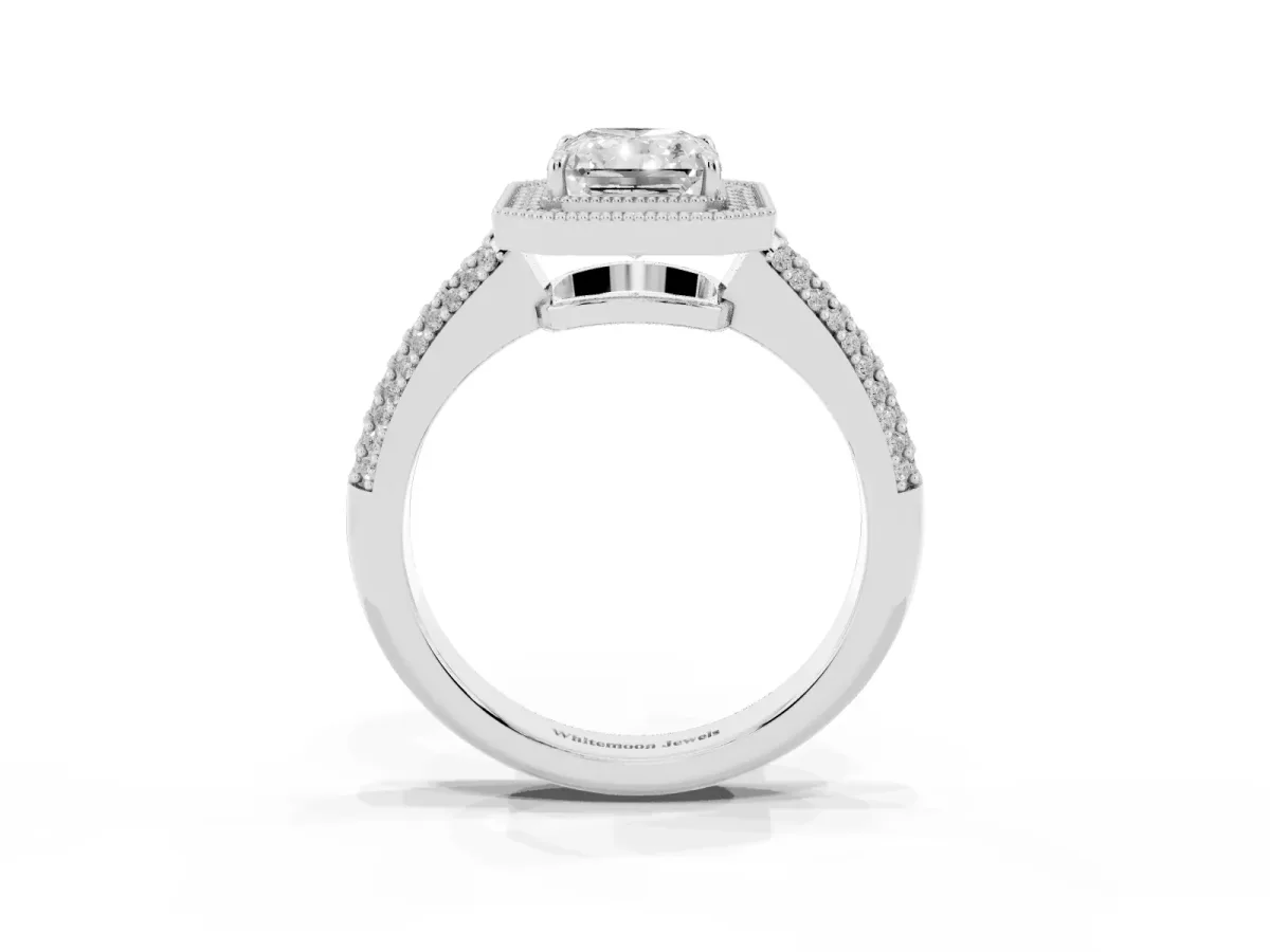 Radiant Cut Cut Halo Diamond Pave Band with Four-Prong Setting Silver