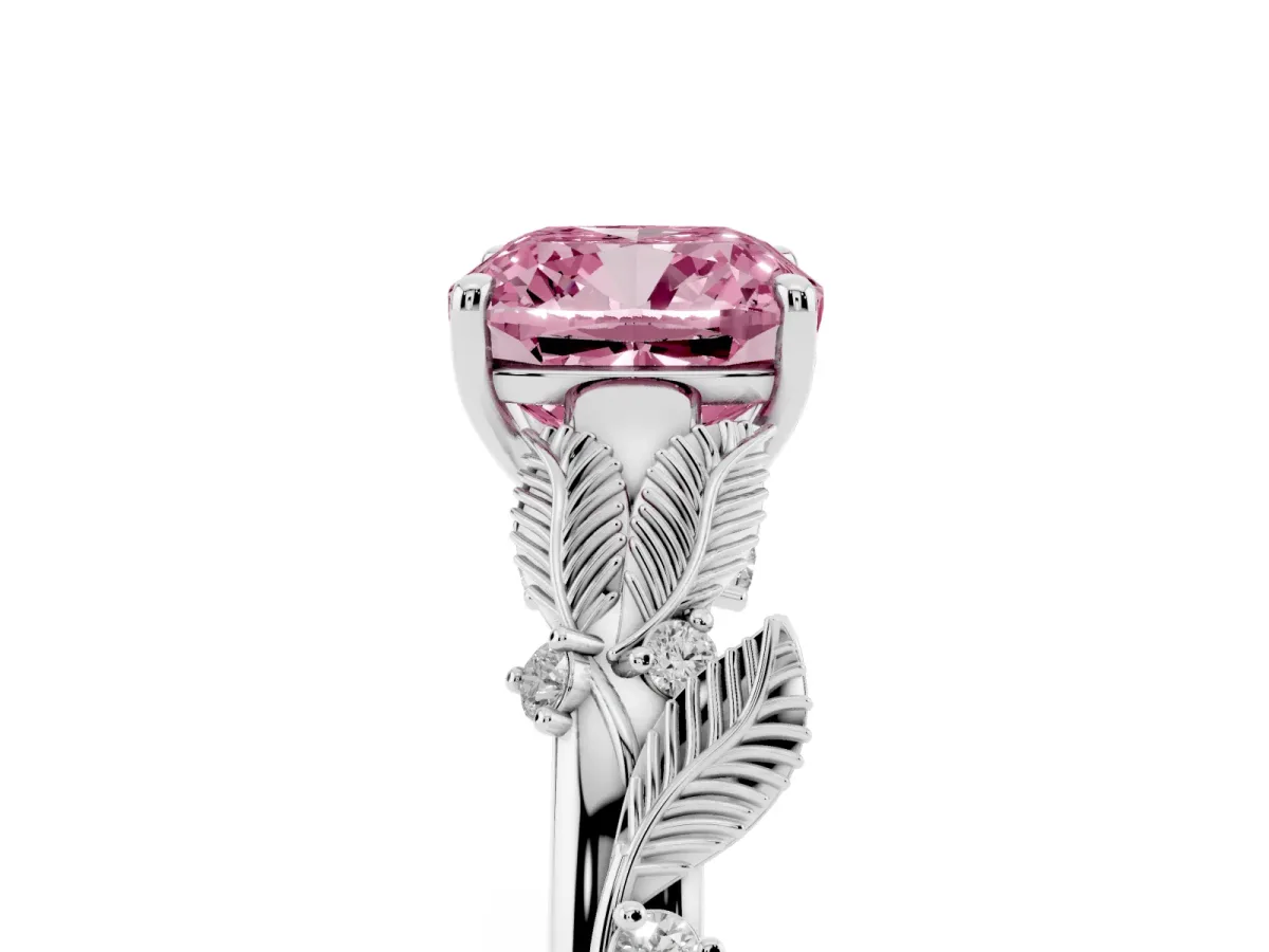 Fancy Pink Cushion Cut Diamond Solitaire Ring with Leaf Motif Band and Four-Prong Setting Platinum