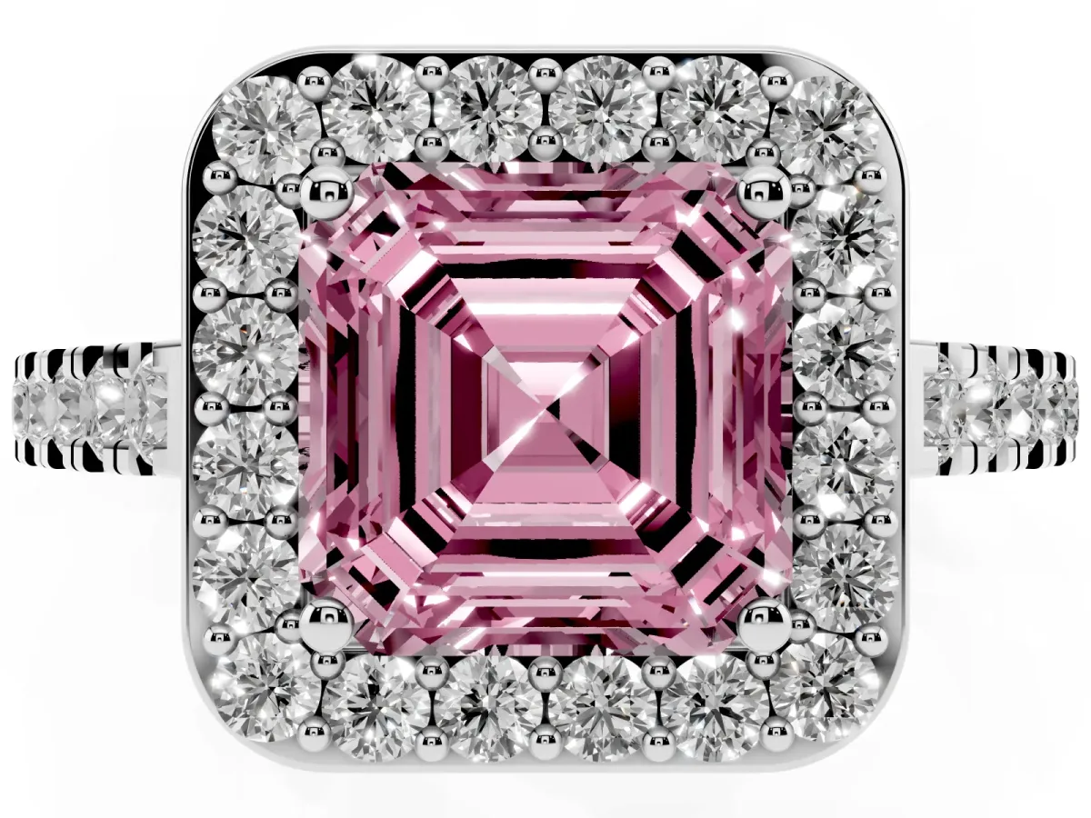 Fancy Pink Asscher Cut Diamond Halo Ring with Round Pavé Split Shank and Prong Setting Silver