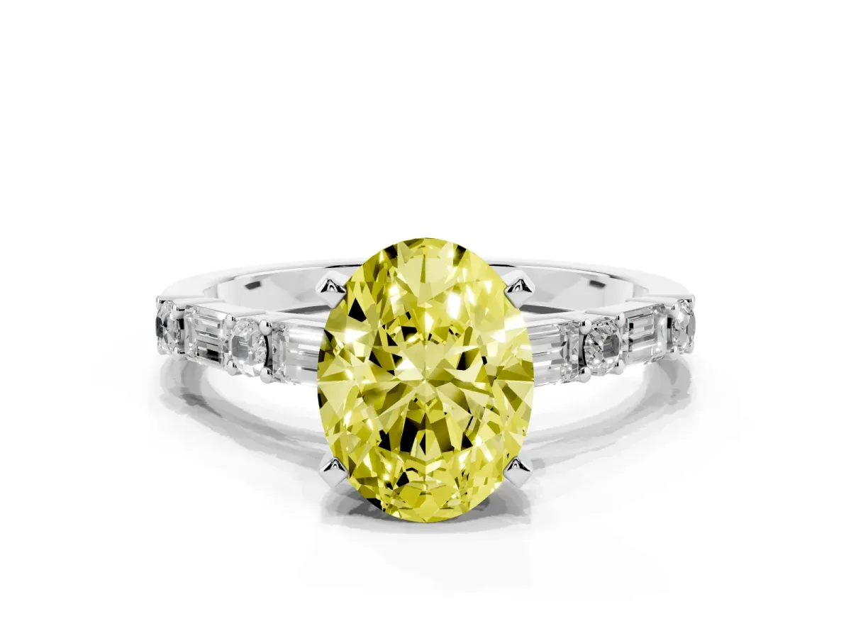 Fancy Yellow Oval Cut Diamond Solitaire with Side Baguettes and Channel Set Band White gold