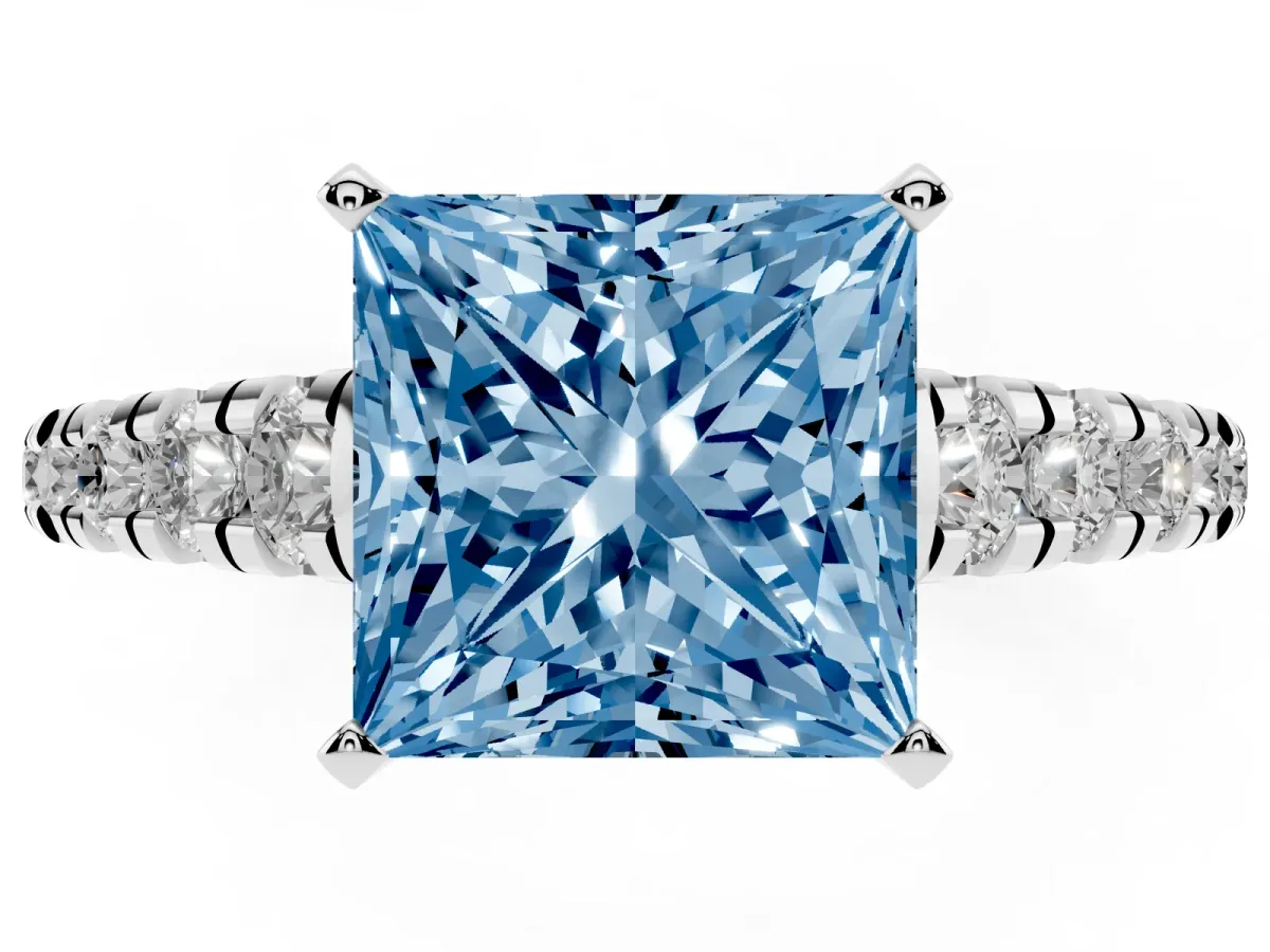 Fancy Blue Princess Cut Diamond Cathedral Solitaire Ring with Round Pavé Band Silver