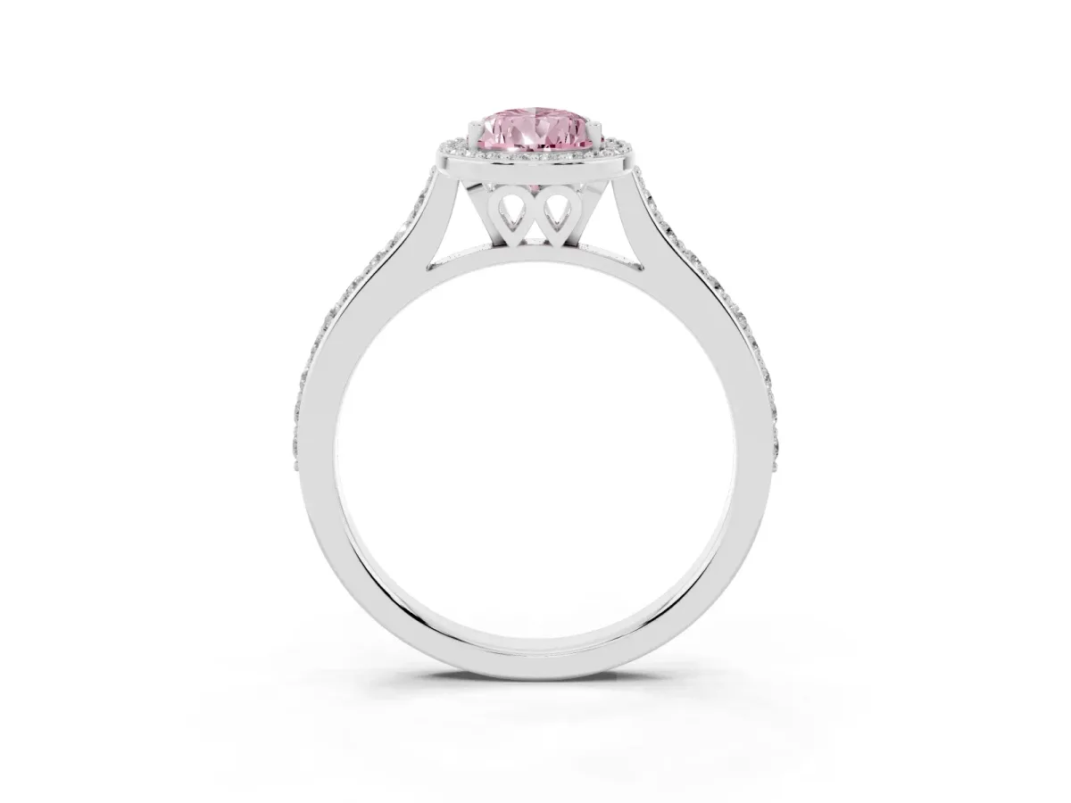 Fancy Pink Pear Cut Diamond Halo Engagement Ring with Round Pavé Shoulders and Prong Setting White gold