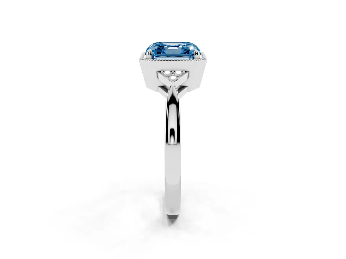 Fancy Blue Milgrain Asscher Cut Cut Diamond Ring with Tapered Pave Band and Four Prong Setting Silver