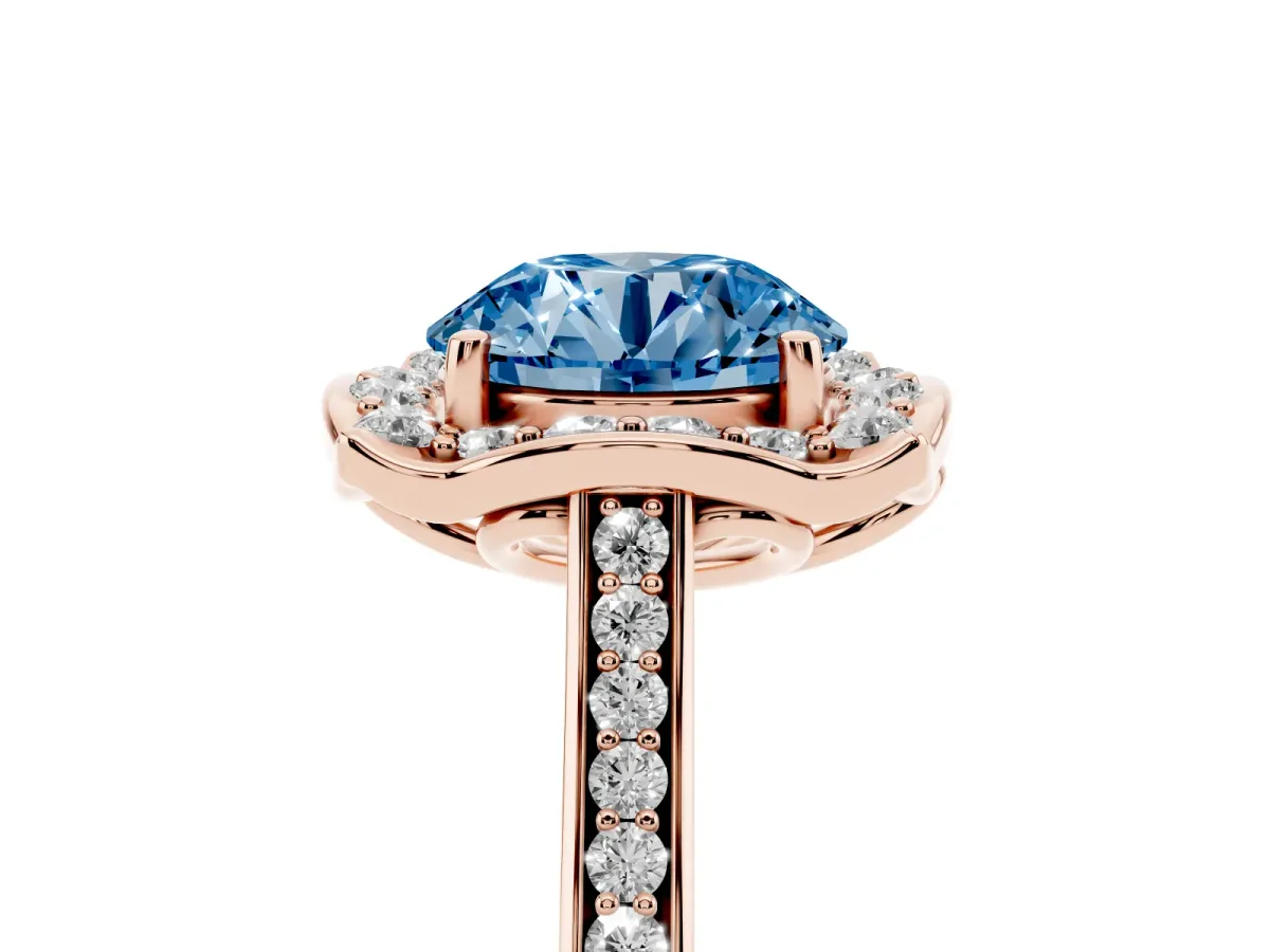 Fancy Blue Round Cut Halo Round Diamond Pave Band with Four-Prong Setting Rose gold