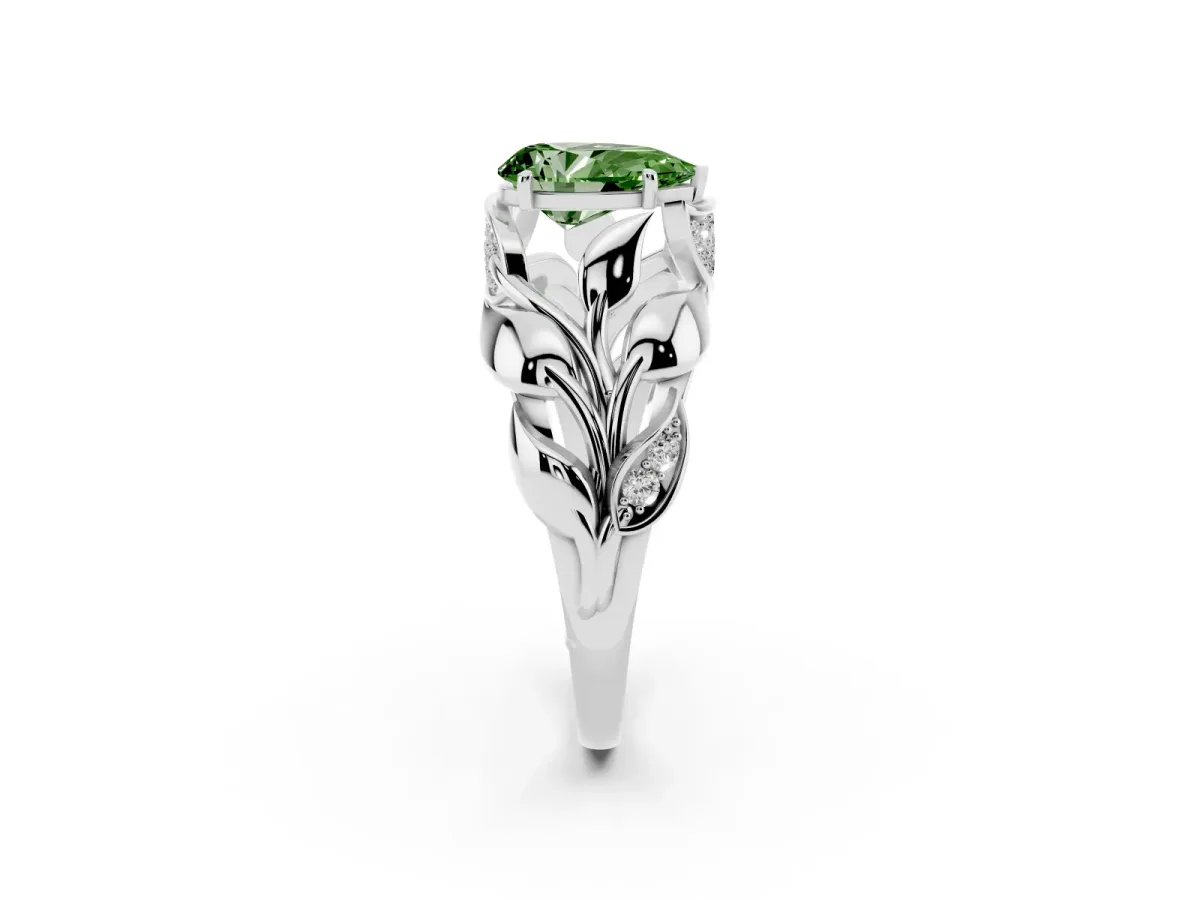 Fancy Green Pear Cut Diamond Leaf-Inspired Engagement Ring with Round Accents and Prong Setting Silver
