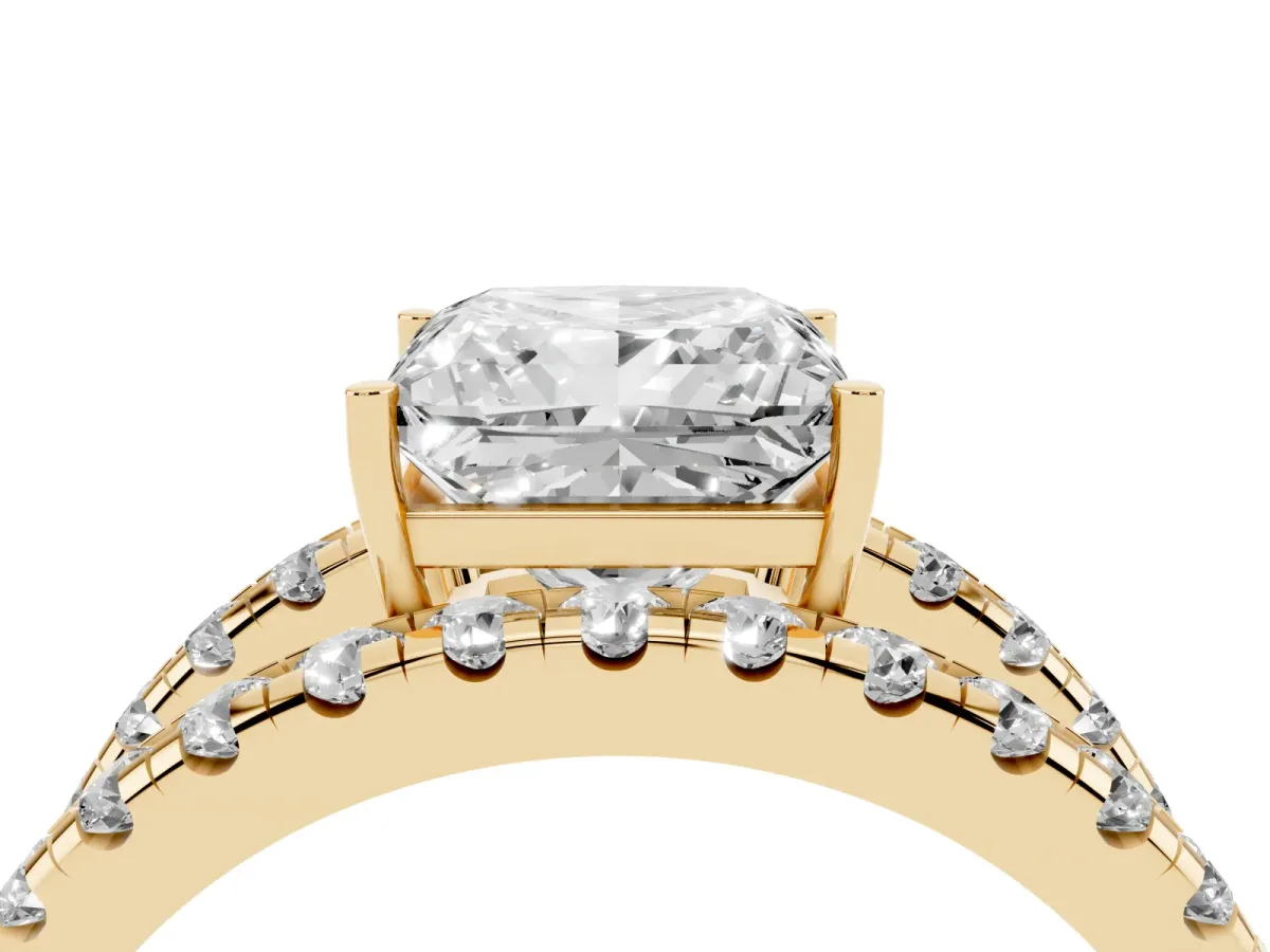 Princess Cut Solitaire Split Shank Pave Diamond Ring Yellow gold