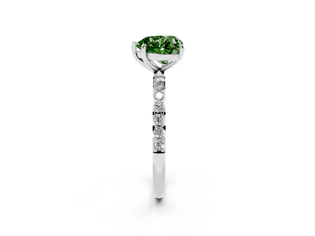 Fancy Green Heart Cut Diamond Solitaire Ring with Round Pavé Shoulders and Prong Setting Silver