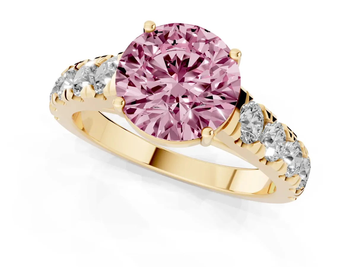 Fancy Pink Round Cut Cut Diamond Solitaire Ring with Micro Pave Band and Prong Setting Yellow gold