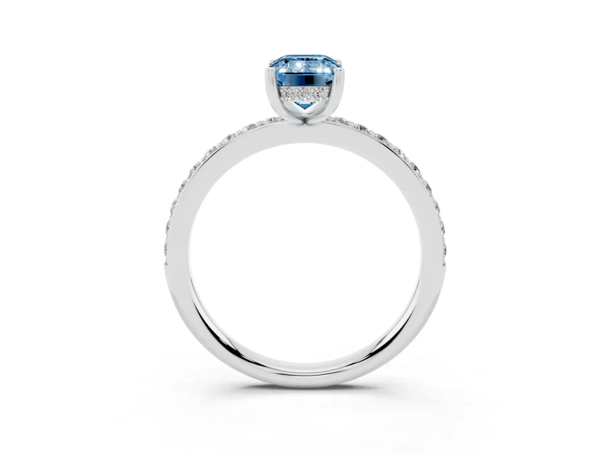 Fancy Blue Emerald Cut Cut Diamond Pavé Band Ring with Four-Prong Setting Platinum