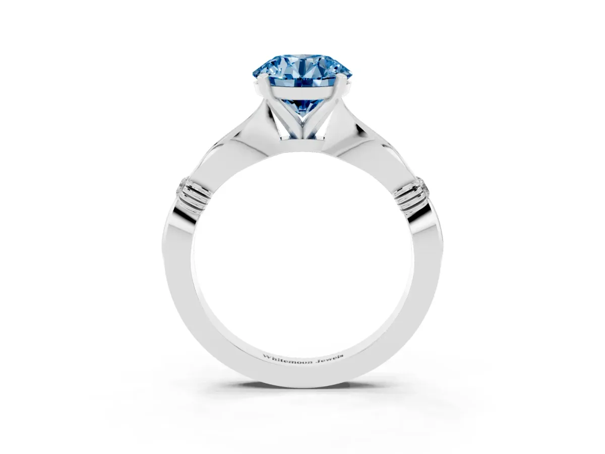 Fancy Blue Round Cut Solitaire Diamond Twisted Band with Four-Prong Setting Platinum