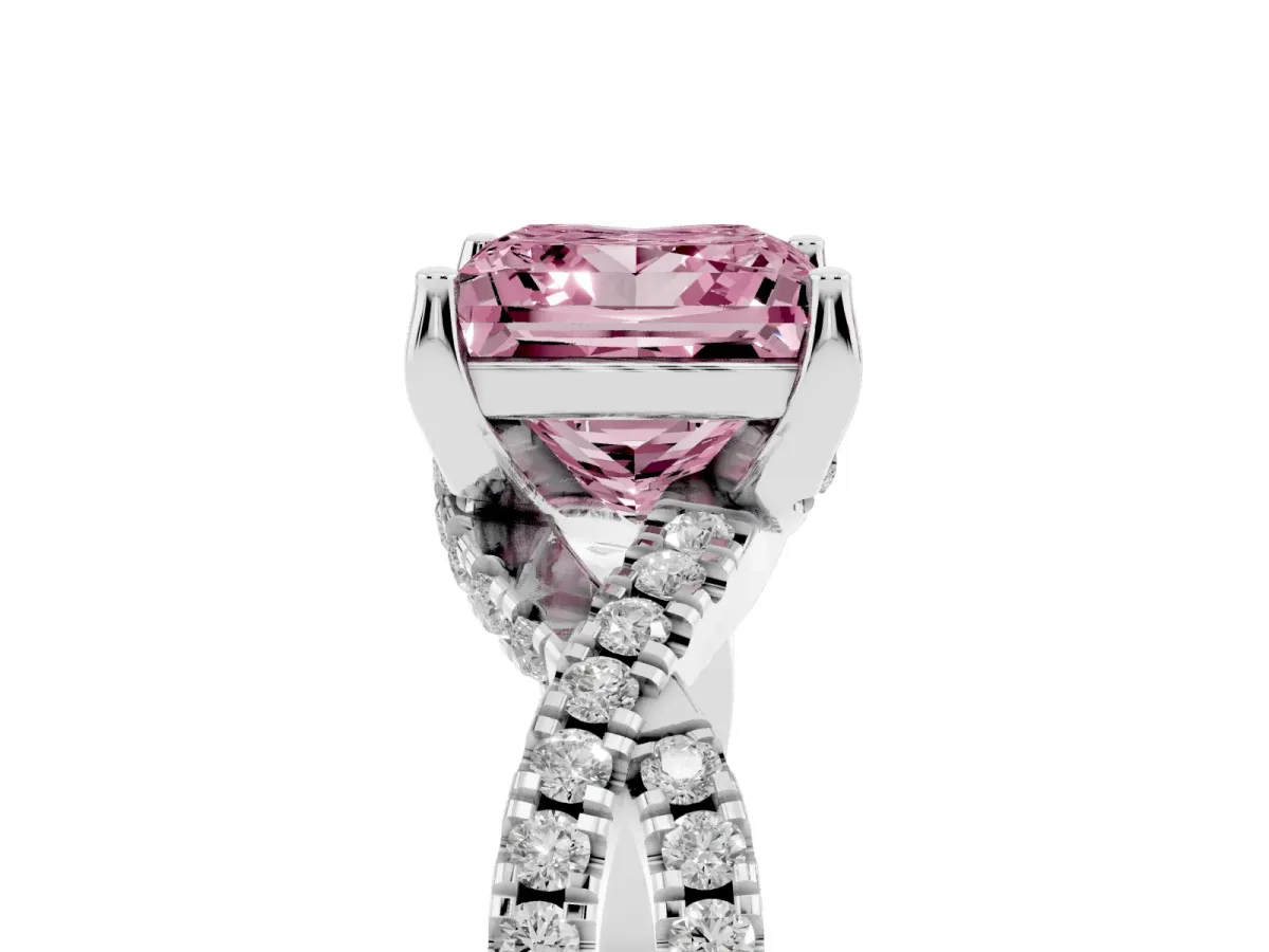 Fancy Pink Princess Cut Solitaire Twist Pave Diamond Engagement Ring with Prong Setting Silver