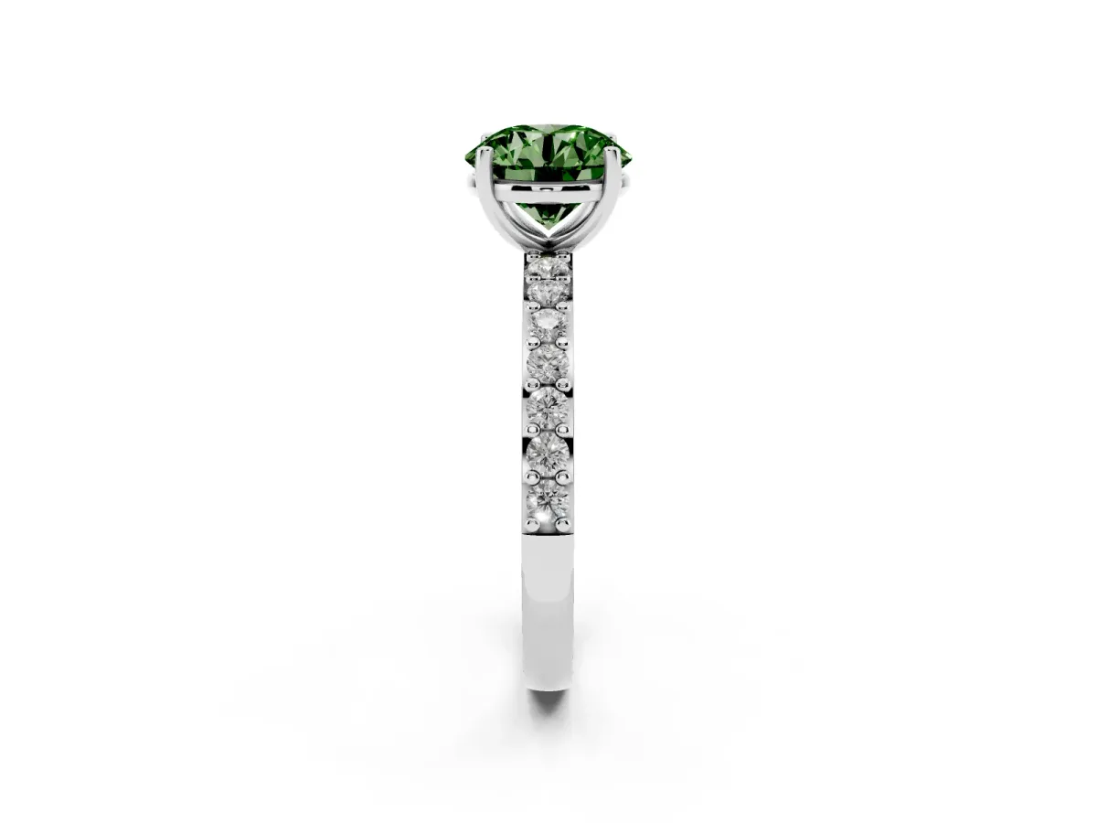 Fancy Green Round Cut Cut Diamond Solitaire with Pave Band and Four-Prong Setting Silver