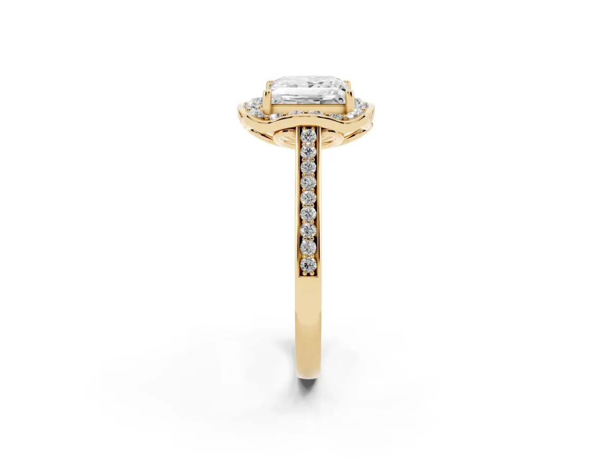 Princess Cut Halo Round Diamond Pave Band with Four-Prong Setting Yellow gold