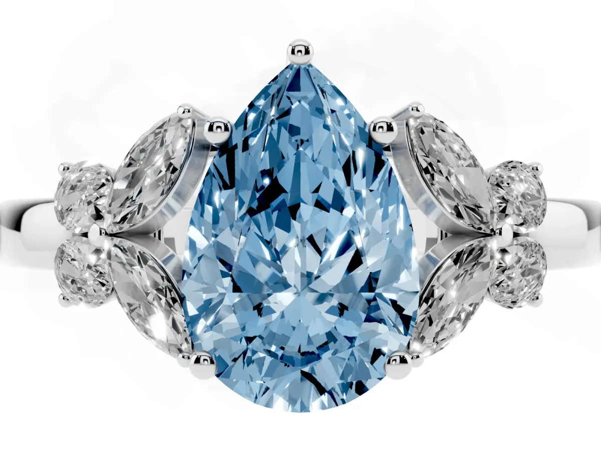 Fancy Blue Pear Cut Cut Solitaire Floral Diamond Ring with Four-Prong Setting Platinum