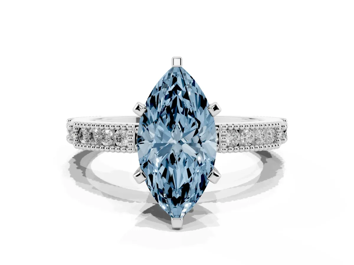 Fancy Blue Marquise Cut Solitaire with Pavé Band and Four-Prong Setting Silver