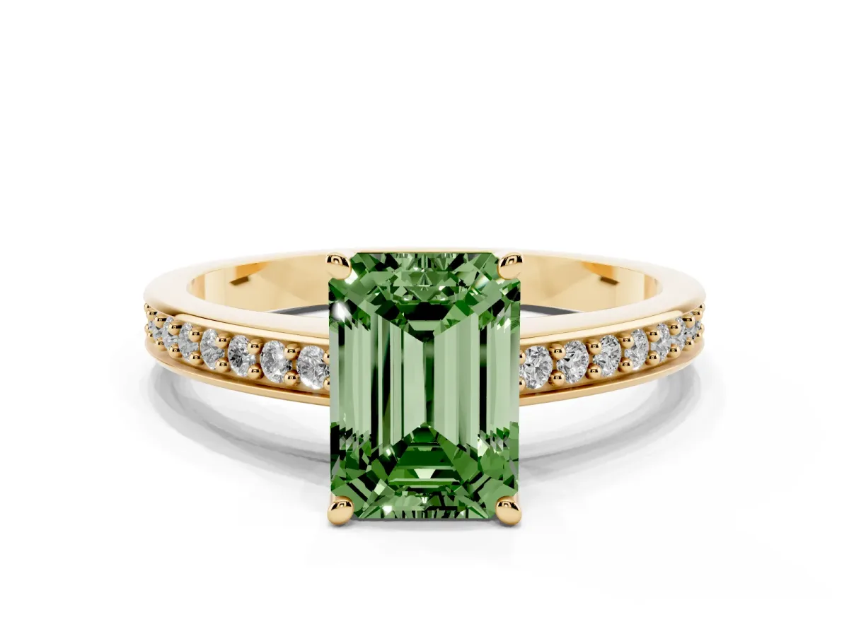 Fancy Green Emerald Cut Solitaire Pavé Band Prong Setting Ring Yellow gold
