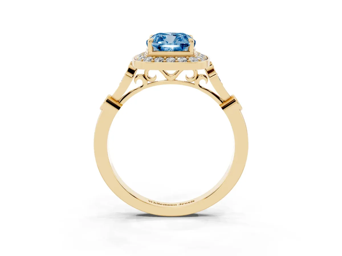 Fancy Blue Cushion Cut Halo Diamond Engagement Ring with Twisted Band and Four-Prong Setting Yellow gold