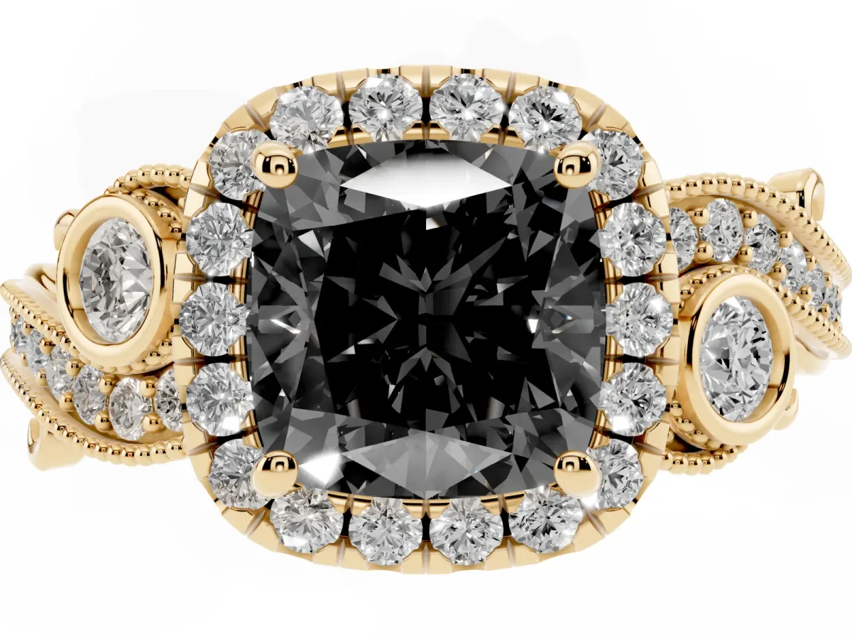 Fancy Black Cushion Cut Halo Diamond Ring with Milgrain and Bezel Accents on a Split Shank Band Yellow gold