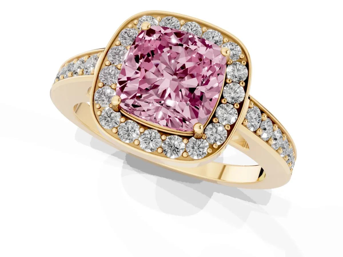 Fancy Pink Cushion Cut Halo Pavé Diamond Engagement Ring with Bezel Setting Yellow gold