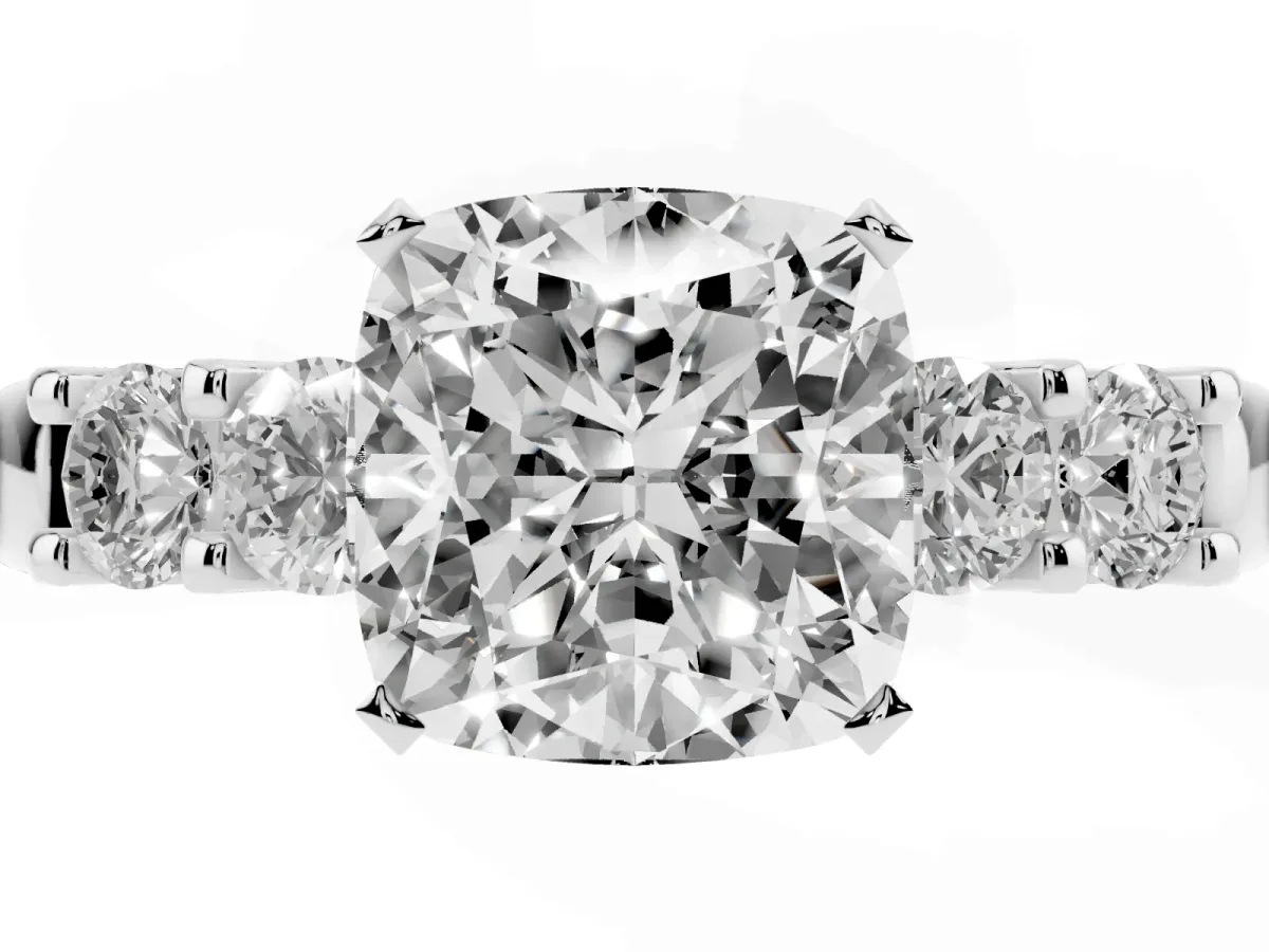 Cushion Cut Brilliant Cut Diamond Five-Stone Prong Set Engagement Ring with Channel Band Silver