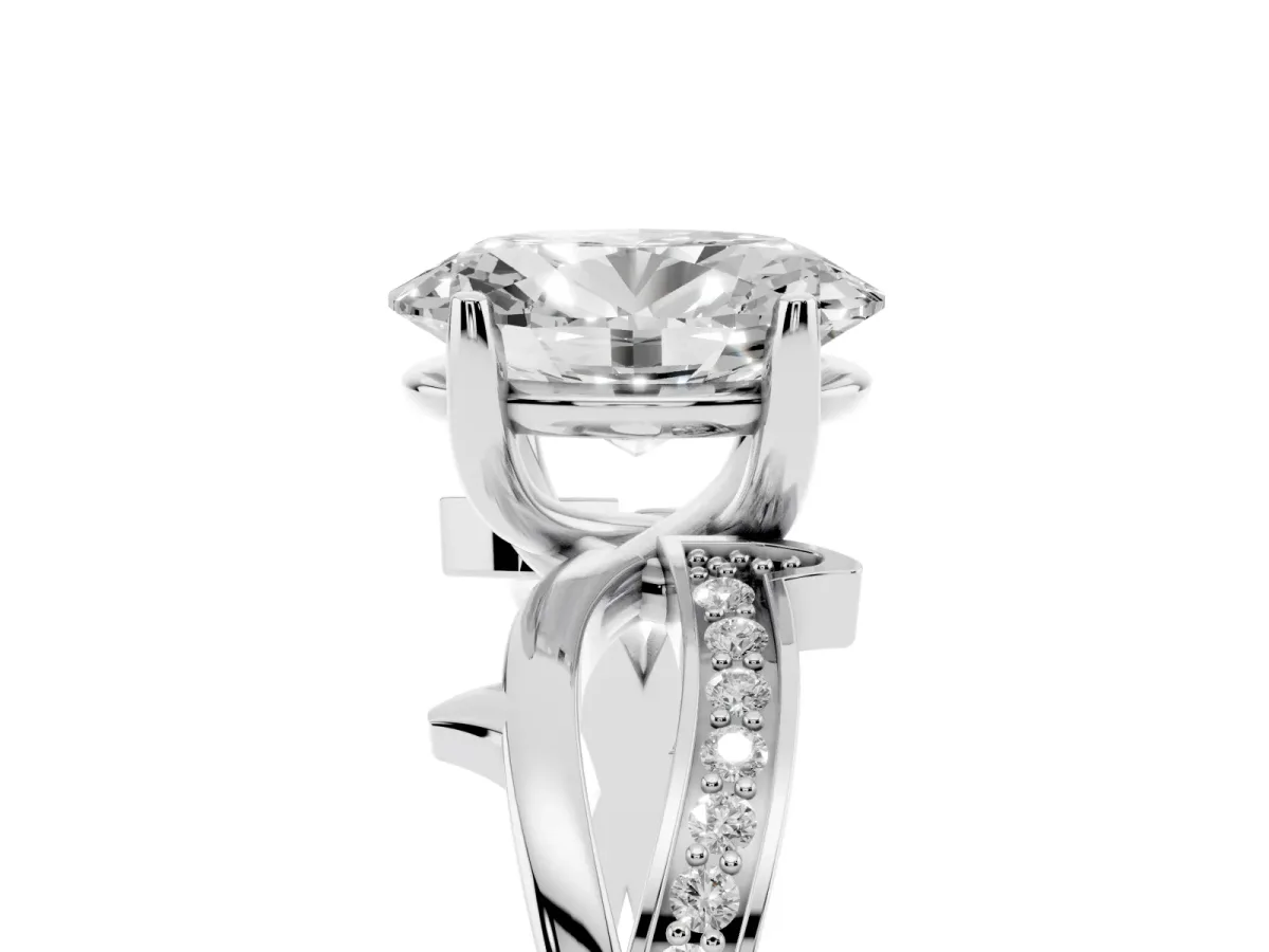 Oval Cut Solitaire Twist Band with Pavé Accents and Four-Prong Setting Silver