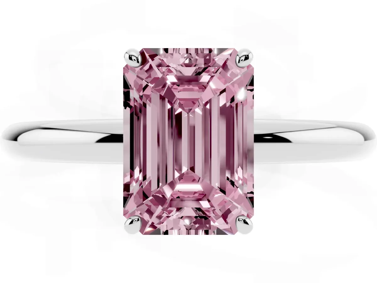 Fancy Pink Emerald Cut Solitaire Diamond Ring with Four-Prong Setting on a Plain Band Silver