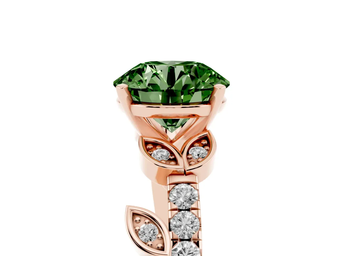 Fancy Green Round Cut Solitaire Leaf-Inspired Diamond Ring with Pavé Band and Four-Prong Setting Rose gold