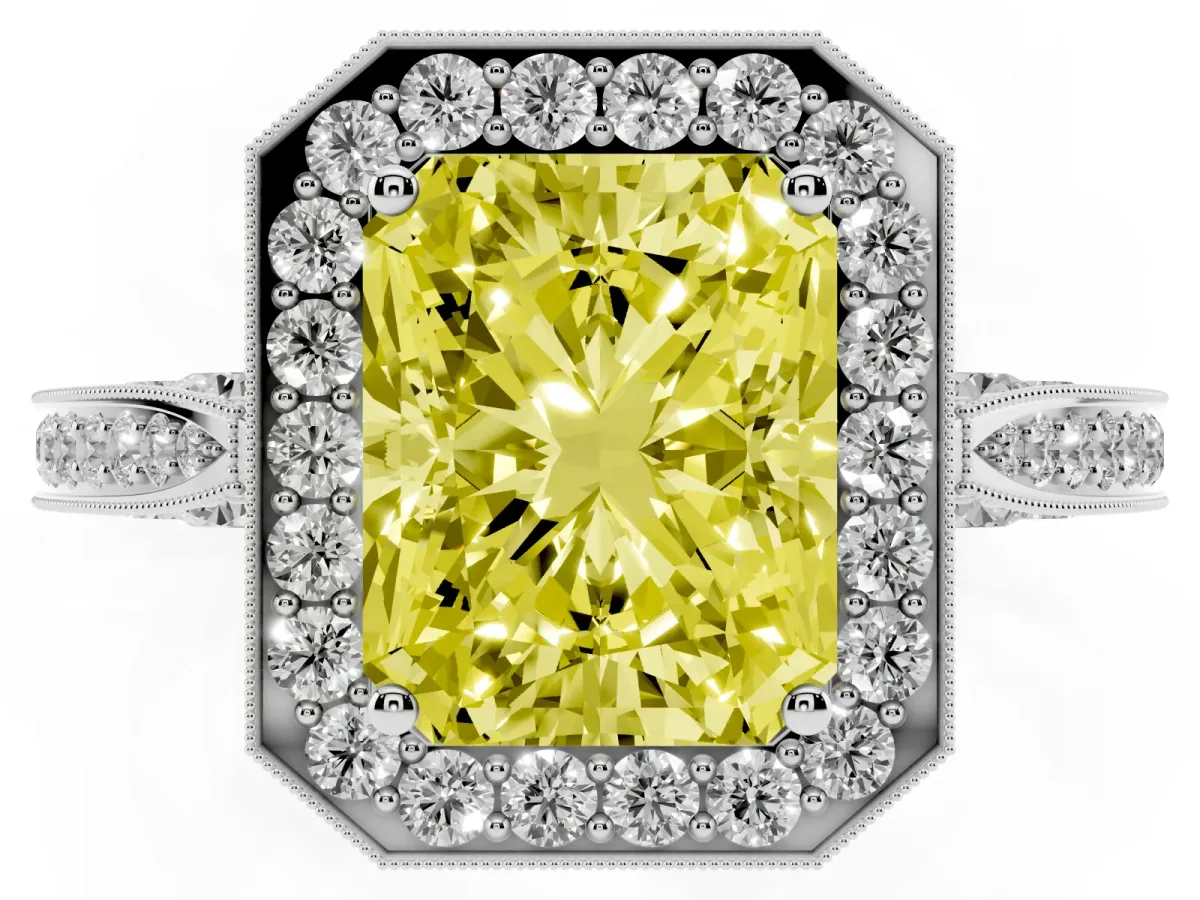 Fancy Yellow Radiant Cut Halo Diamond Engagement Ring with Split Shank Band and Four-Prong Setting Silver