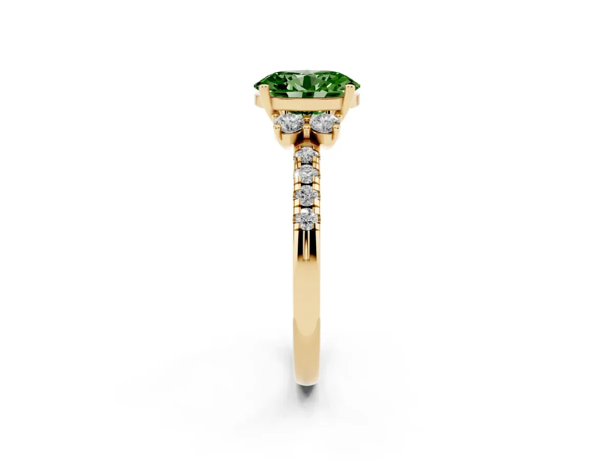 Fancy Green Oval Cut Diamond Three-Stone Pave Band with Four-Prong Setting Yellow gold