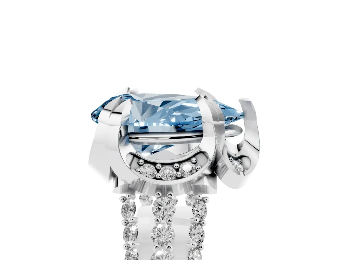 Fancy Blue Pear Cut Solitaire Pave Split Shank Ring with Four-Prong Setting White gold
