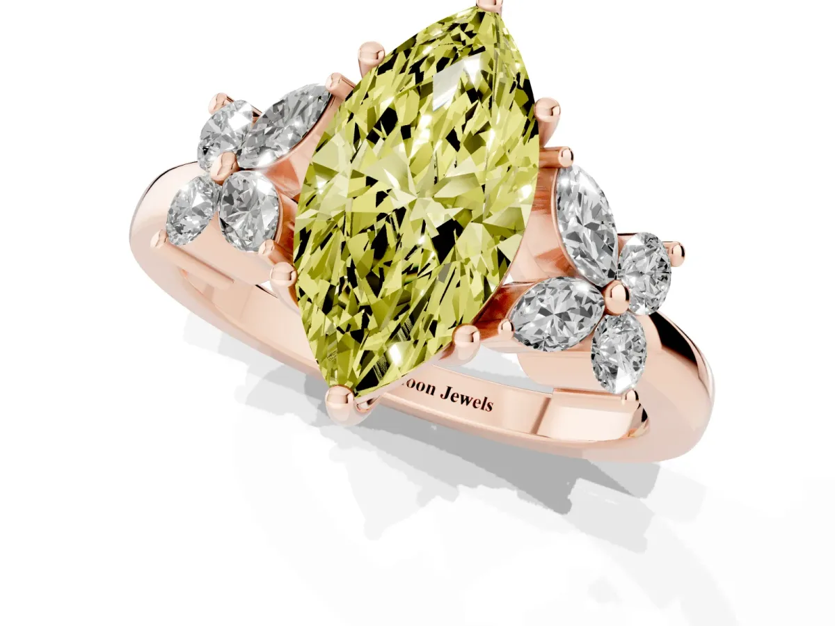 Fancy Yellow Marquise Cut Diamond Floral Cluster Ring with Solitaire Band and Prong Setting Rose gold