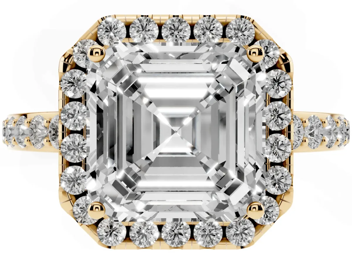 Asscher Cut Halo Diamond Pavé Band Ring with Prong Setting Yellow gold