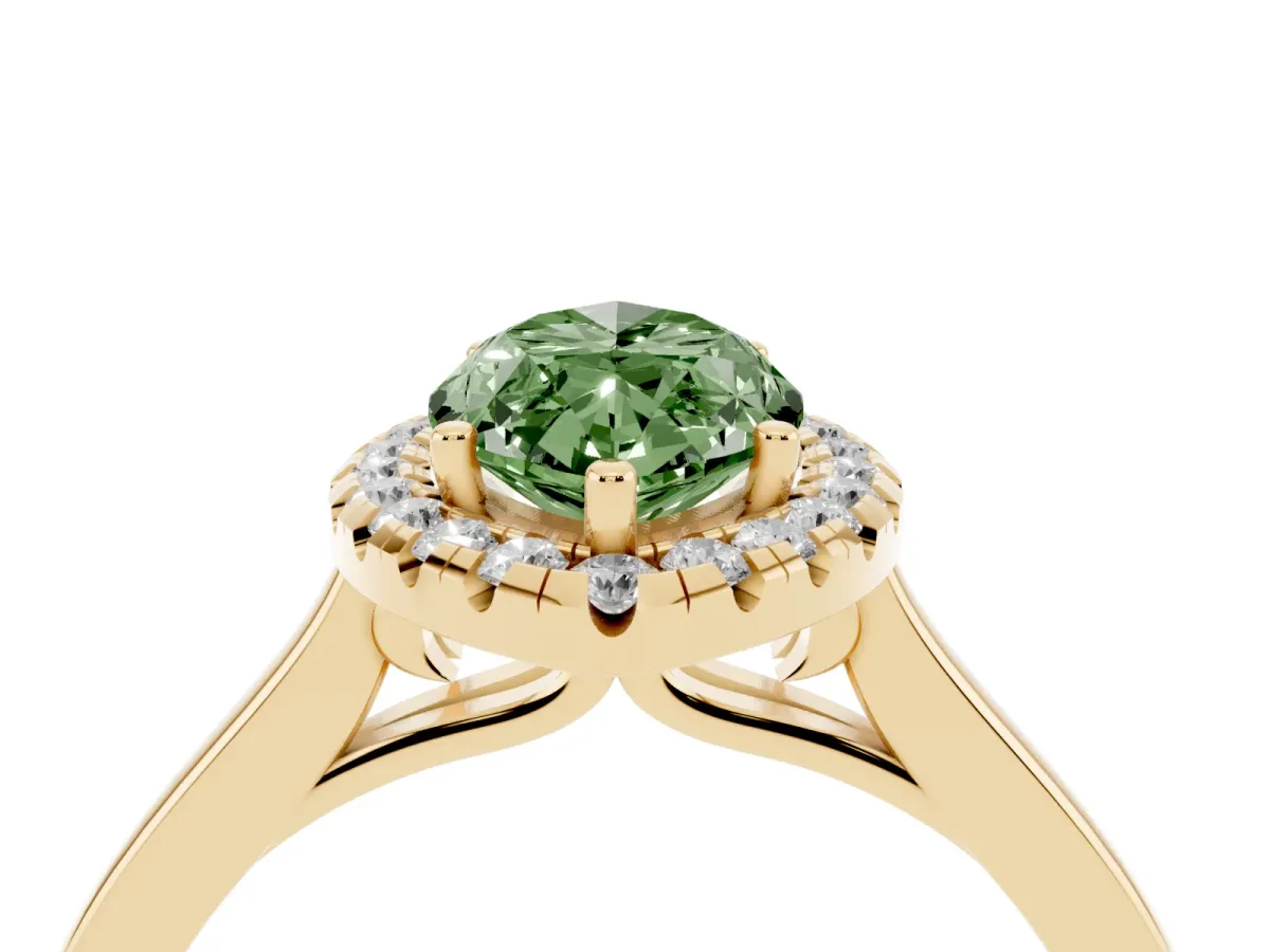 Fancy Green Marquise Cut Halo Round Diamond Solitaire Ring with Pavé Band and Four-Prong Setting Yellow gold