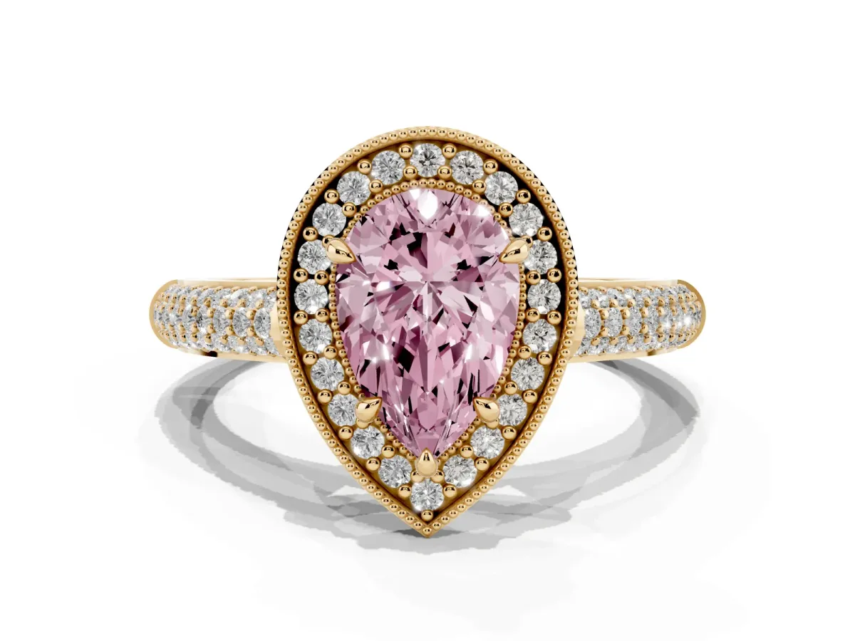 Fancy Pink Pear Cut Cut Halo Diamond Pave Band with Four-Prong Setting Yellow gold