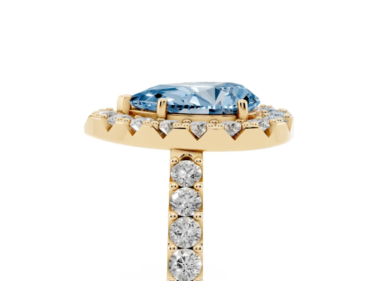 Fancy Blue Pear Cut Halo Diamond Pavé Solitaire Ring Yellow gold
