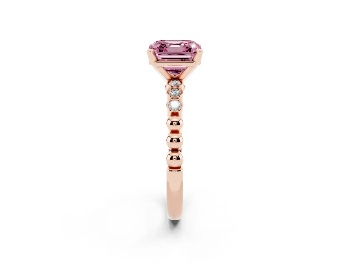 Fancy Pink Asscher Cut Solitaire Bezel Accent Diamond Engagement Ring with Beaded Band and Four-Prong Setting Rose gold