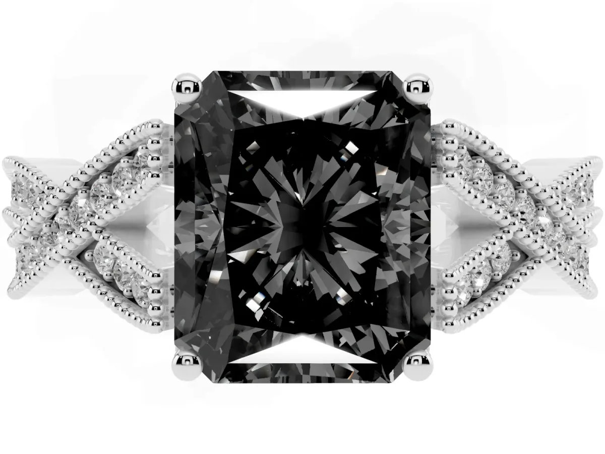 Fancy Black Radiant Cut Cut Diamond Twisted Band with Milgrain Pave Setting and Four-Prong Setting Silver