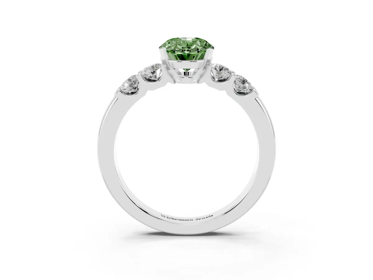 Fancy Green Oval Cut Brilliant Cut Diamond Five-Stone Prong Set Engagement Ring with Channel Band Silver