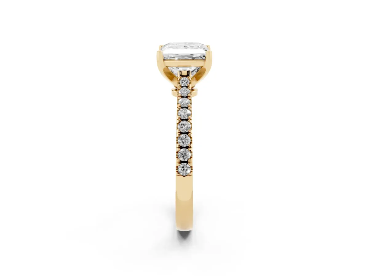 Princess Cut Cut Solitaire Diamond Engagement Ring with Pave Band and Four-Prong Setting Yellow gold