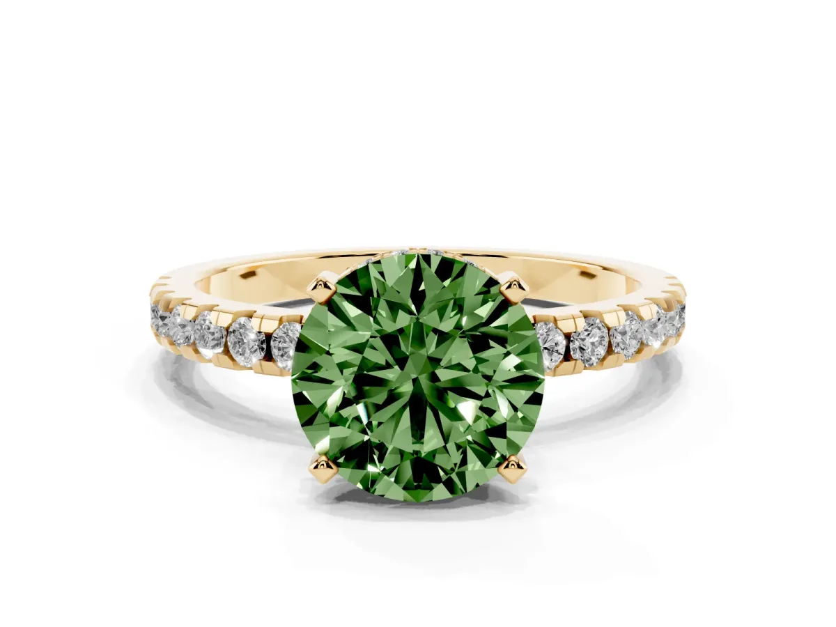 Fancy Green Round Cut Diamond Solitaire Ring with Round Pavé Band and Four-Prong Setting Yellow gold