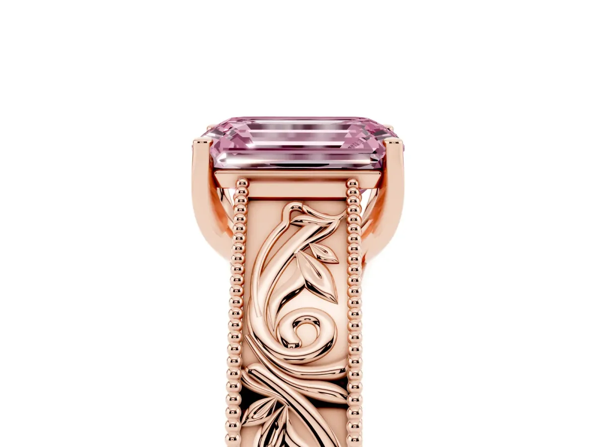 Fancy Pink Emerald Cut Diamond Solitaire Ring with Engraved Band and Four-Prong Setting Rose gold