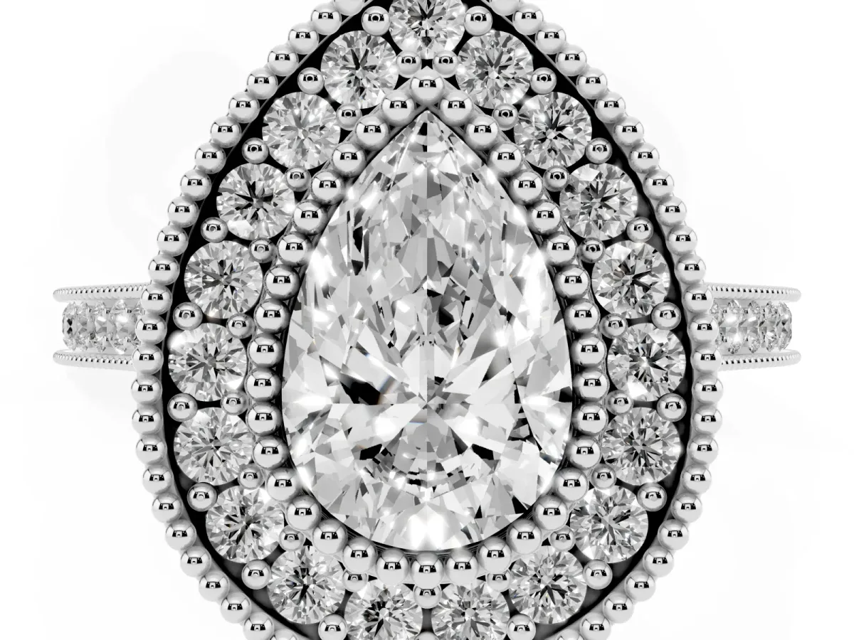 Pear Cut Diamond Halo Ring with Milgrain Frame and Pavé Band Silver
