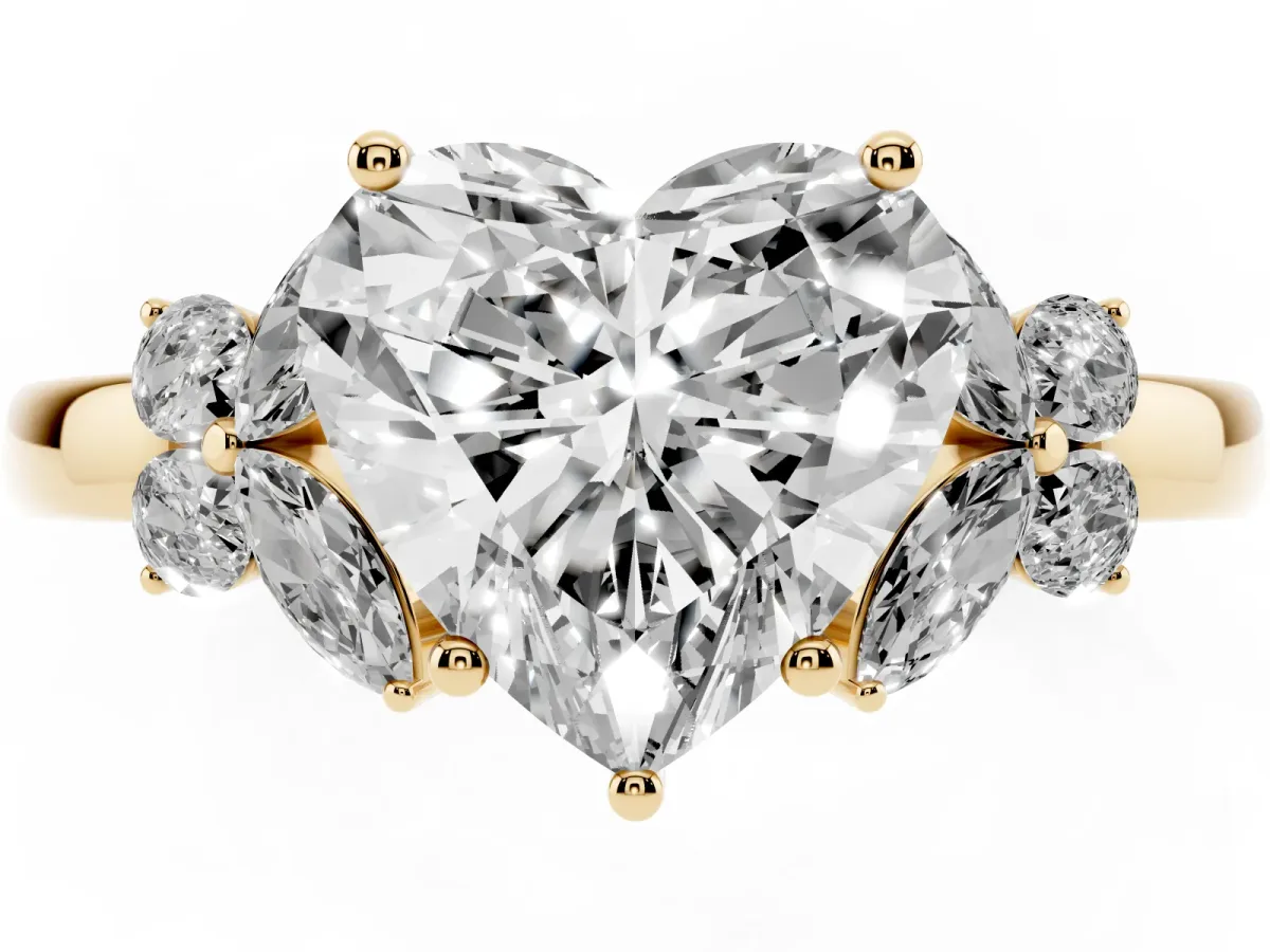 Heart Cut Cut Solitaire Floral Diamond Ring with Four-Prong Setting Yellow gold