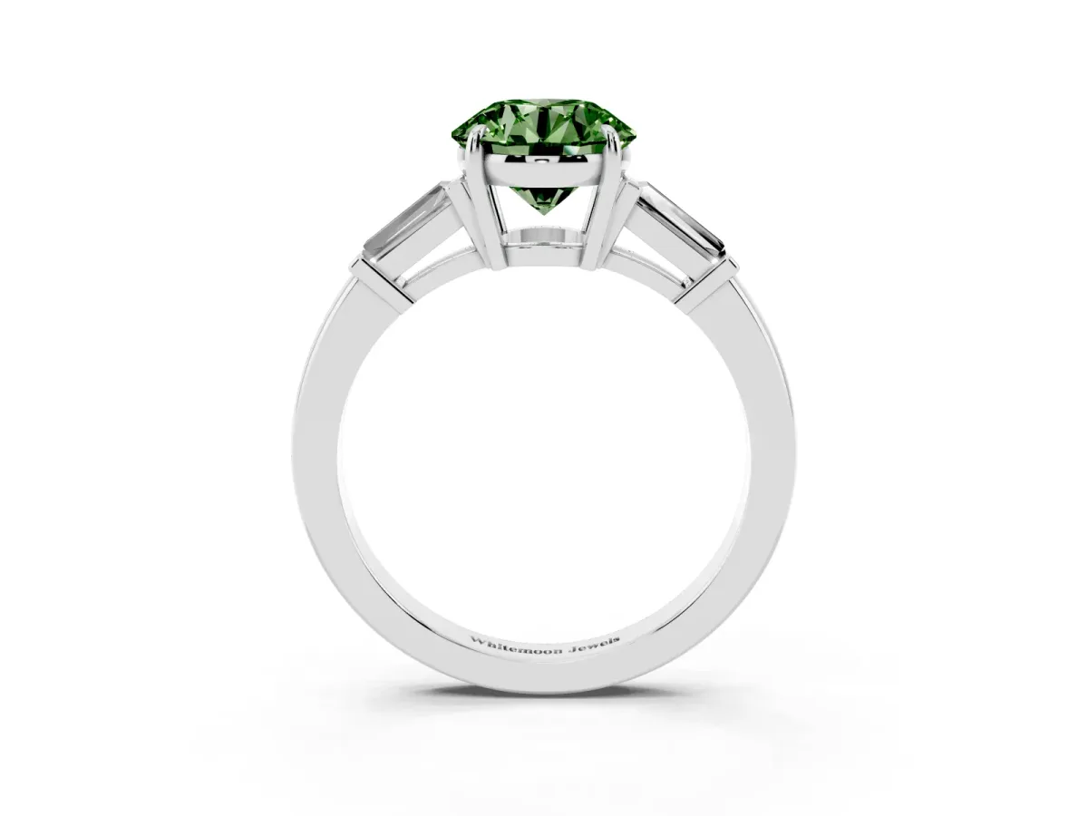 Fancy Green Round Cut Diamond Three-Stone Ring with Tapered Baguette Side Stones and Prong Setting Silver
