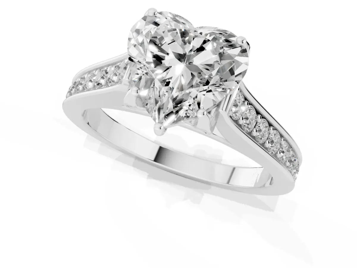 Heart Cut Brilliant Cut Diamond Engagement Ring with Pavé Band and Four-Prong Setting Silver