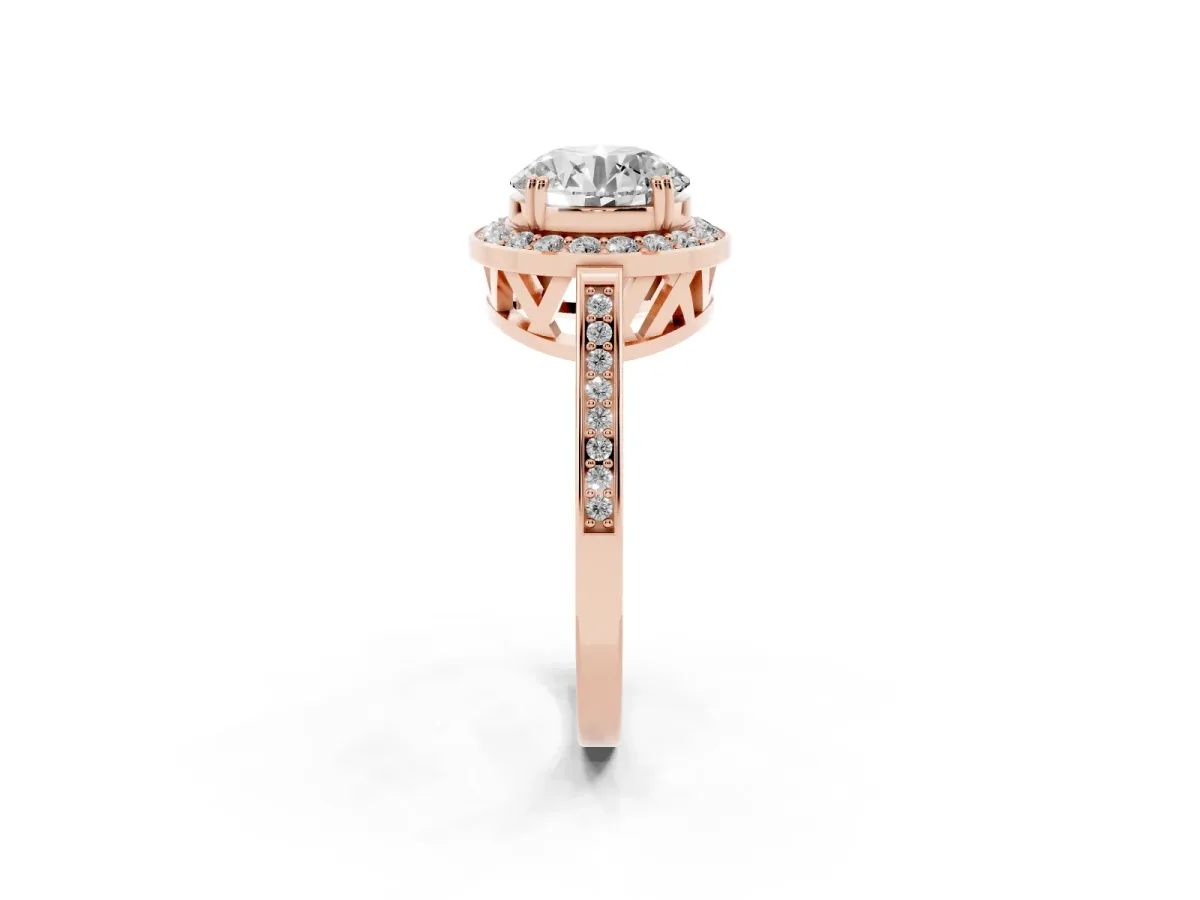 Round Cut Diamond Halo Ring with Split Shank and Four-Prong Setting Rose gold