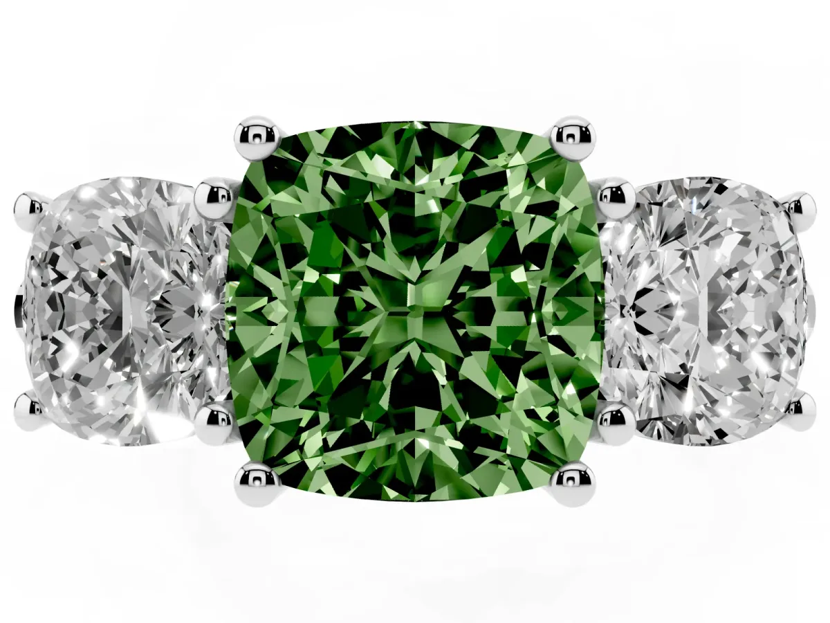 Fancy Green Three-Stone Cushion Cut Diamond Ring with Round Pavé Band and Prong Setting Silver